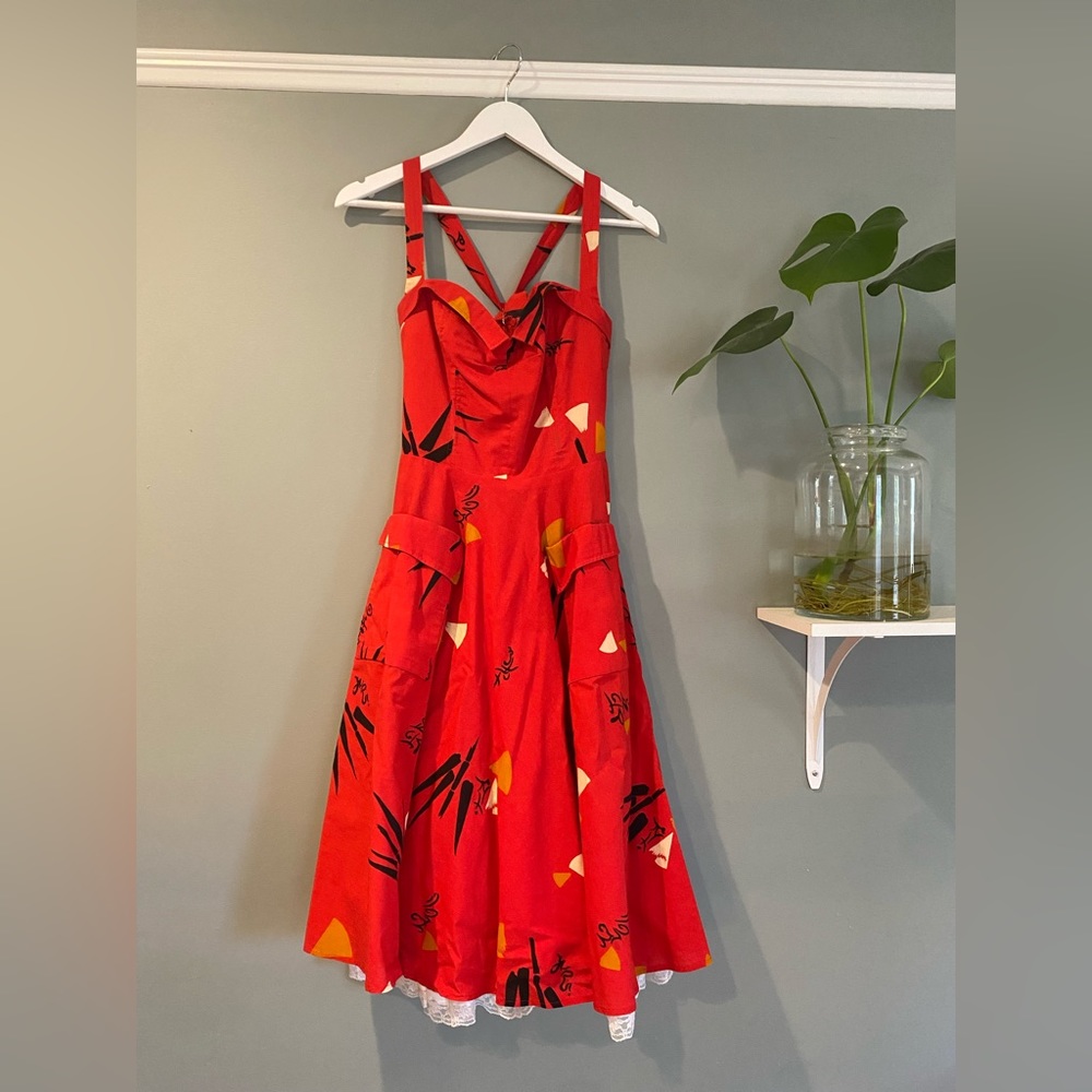 Vintage 50s Red Halter Sweetheart Neckline Fit and Flare Party Dress w/ Pockets